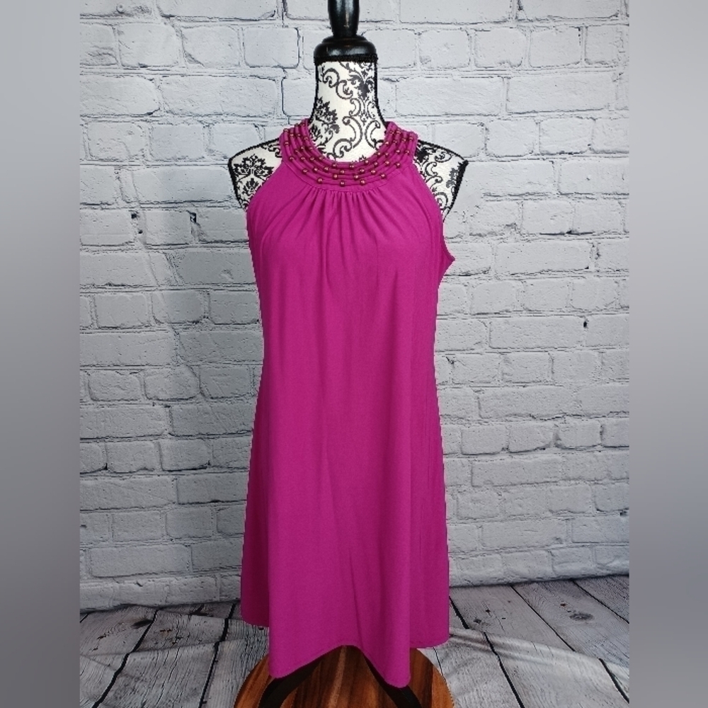 Roz & Ali women's sleeveless stretch knit beaded collar dress m keyhole back b3